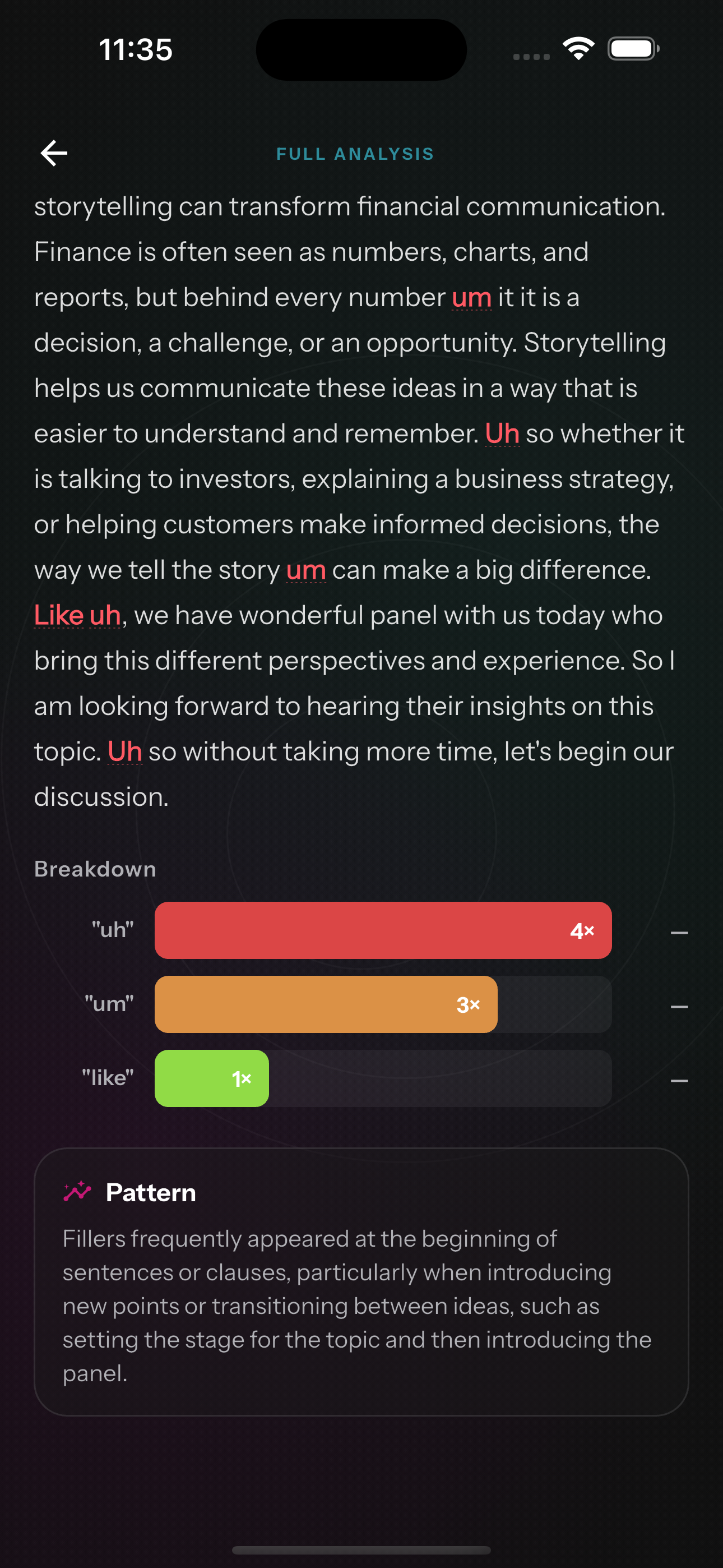 Prehearsal filler-word analysis screen