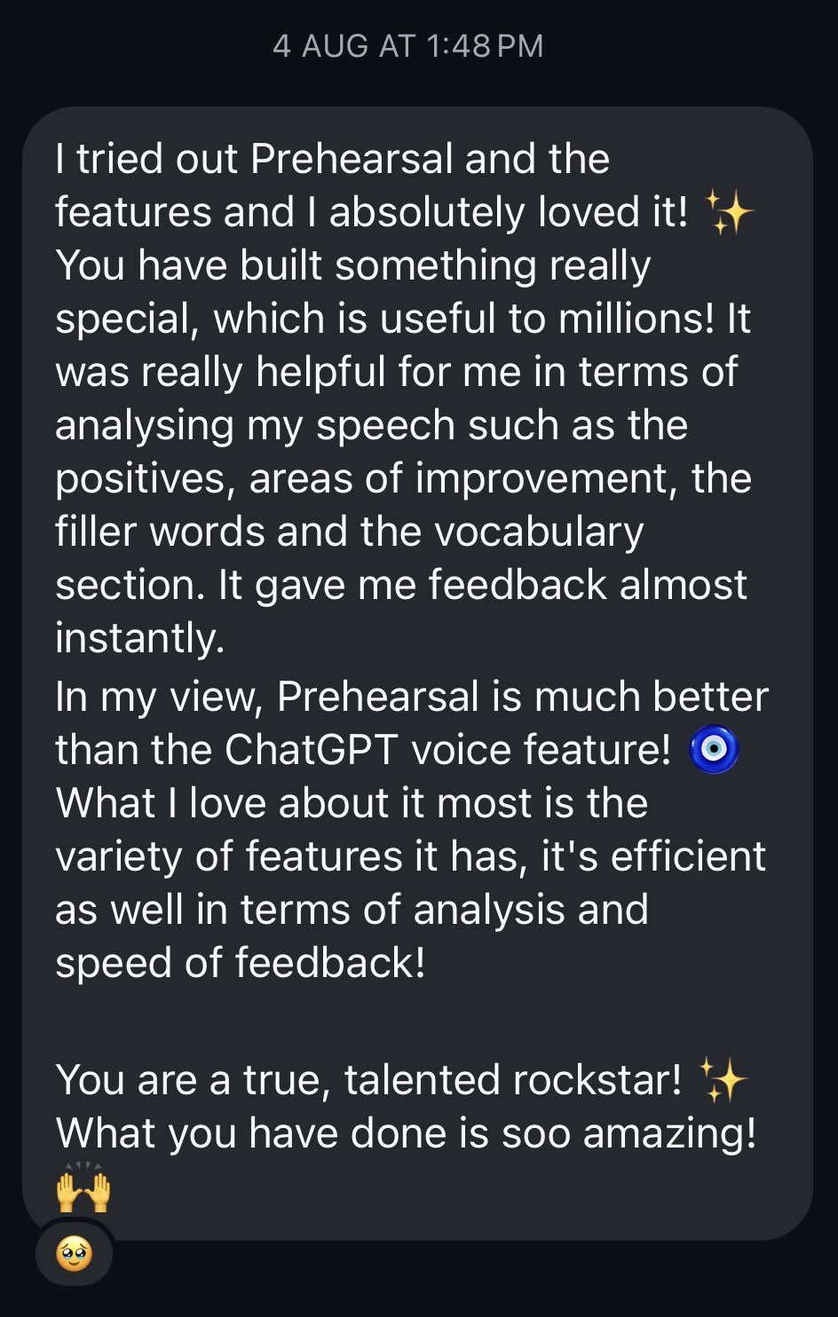 A Prehearsal user praises its fast feedback on speech, filler words, and vocabulary.