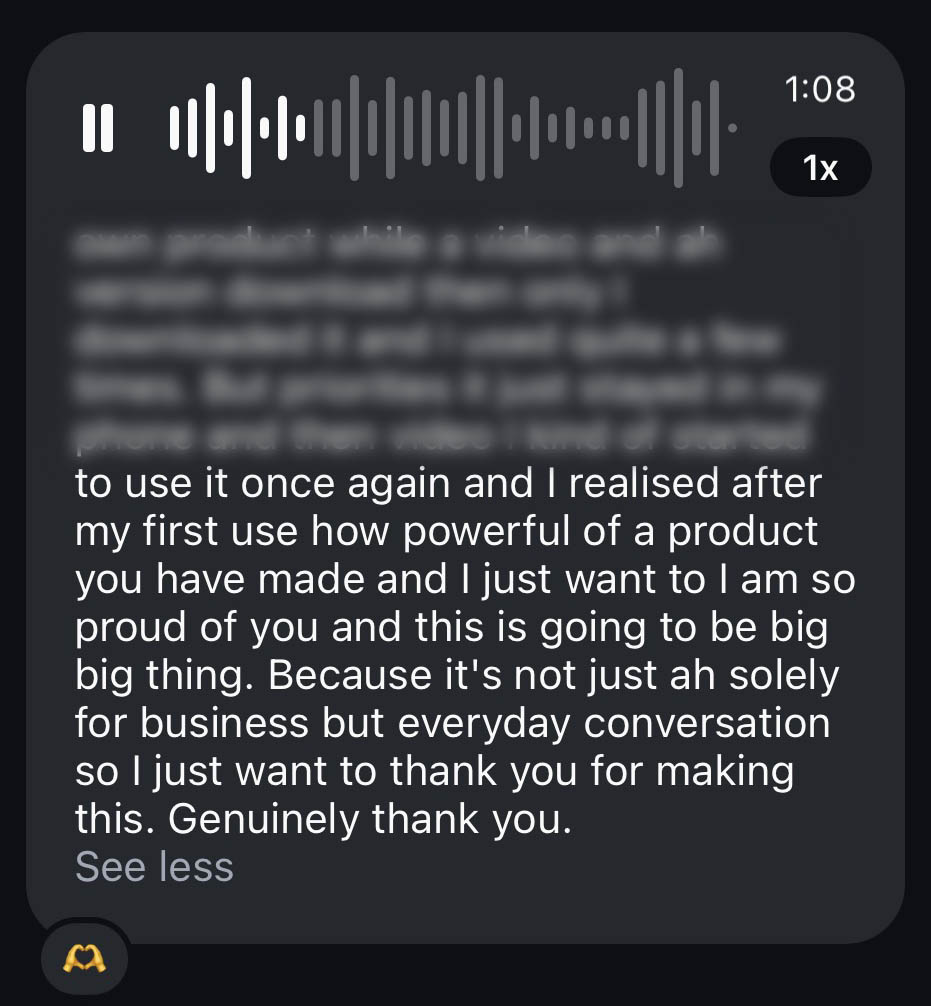 A Prehearsal user shares an audio-message transcript about returning to the app and finding it powerful.